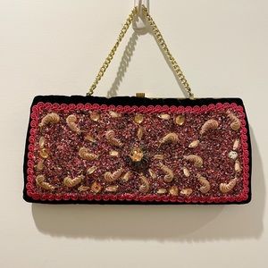 Vintage 50s Black Velvet Handbag/Purse/Clutch Wit… - image 1